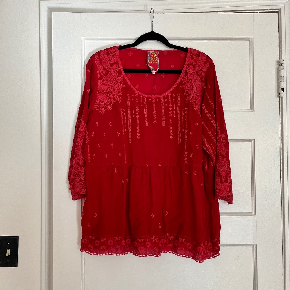Johnny Was sheer red tunic, size medium